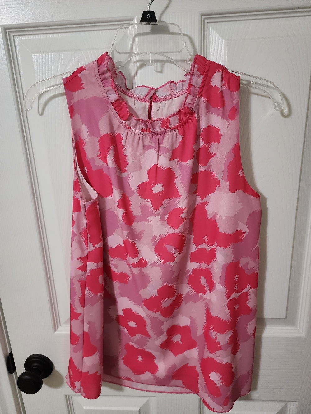 Sleeveless Pink Floral Print Ruffle Neck Blouse